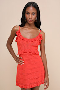 Enviable Pick Red Orange Pointelle Knit Ruffled Mini Dress 2