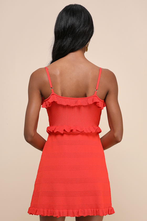 Lulus Enviable Pick Red Orange Pointelle Knit Ruffled Mini Dress In Red Orange