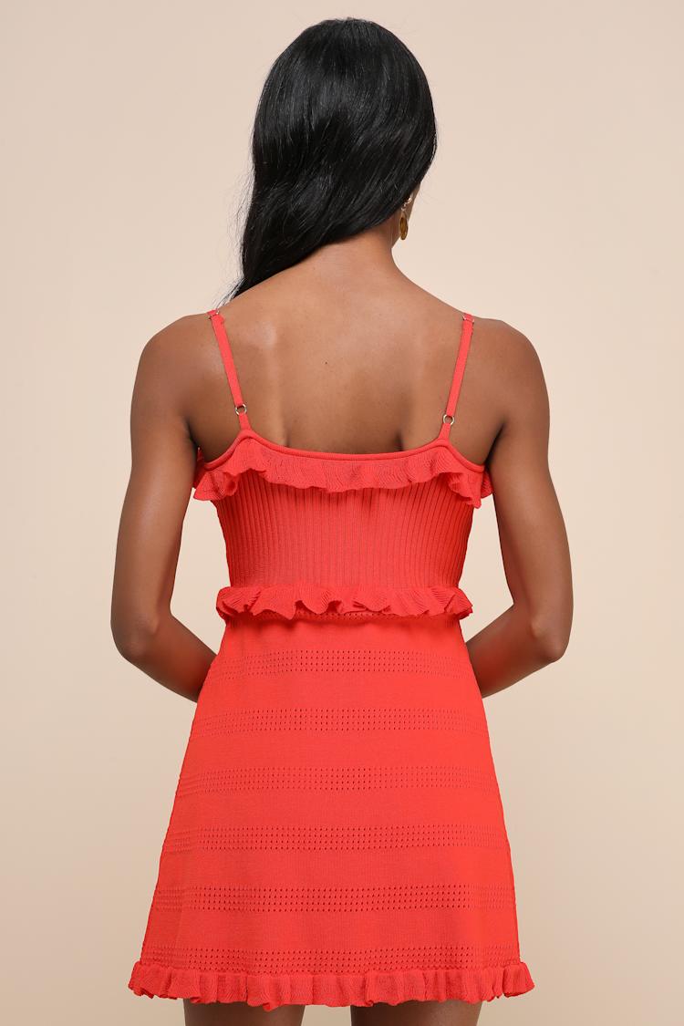 Enviable Pick Red Orange Pointelle Knit Ruffled Mini Dress