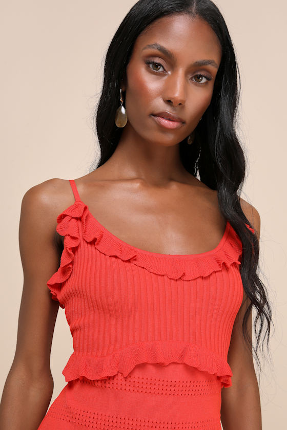 Lulus Enviable Pick Red Orange Pointelle Knit Ruffled Mini Dress In Red Orange