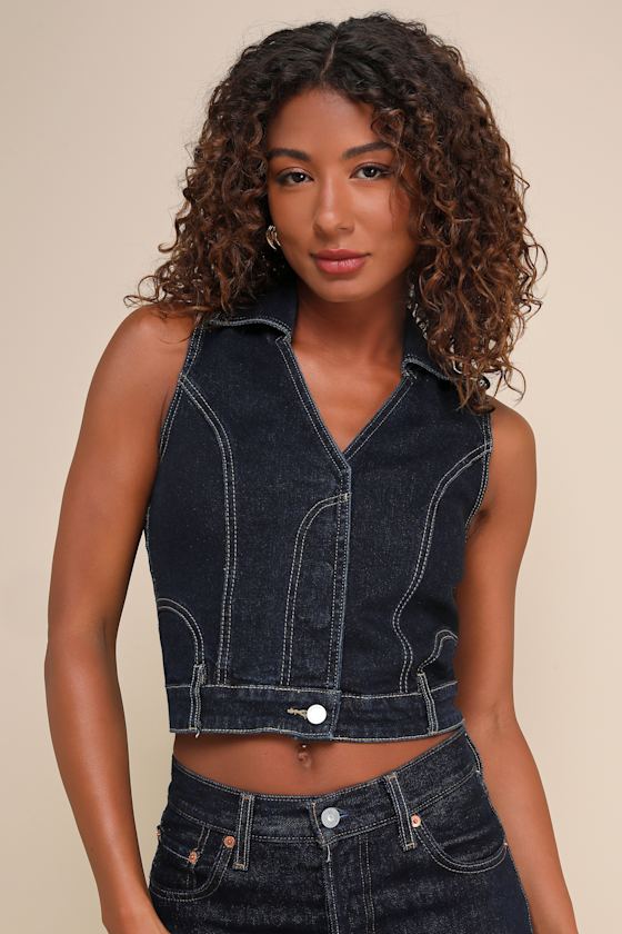 Night Break Dark Wash Collared Denim Vest 1