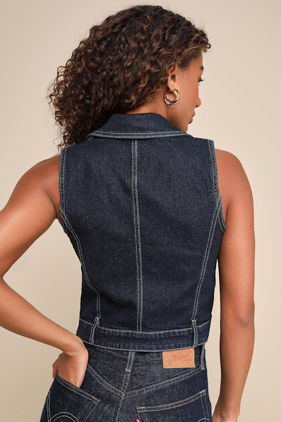 Night Break Dark Wash Collared Denim Vest 2