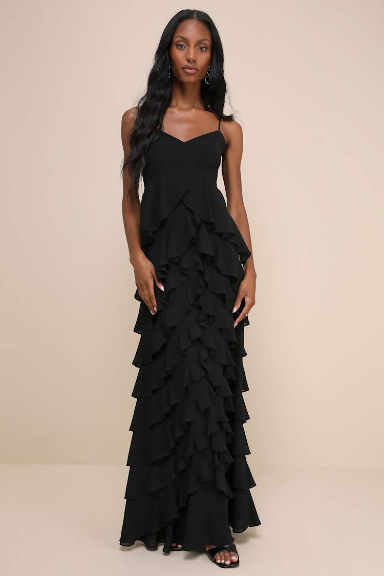 chinese dress ladies Tabitha Tulle Maxi Ruffle Dress in Black main image 0