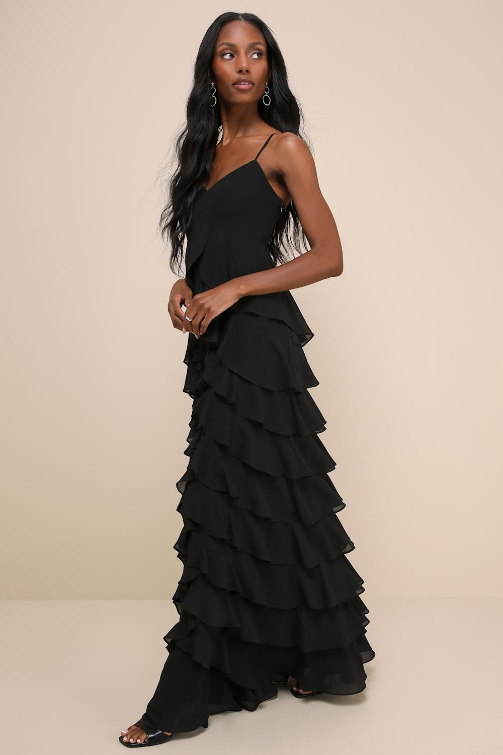 Regal Moment Black Sleeveless Ruffled Tiered Maxi Dress