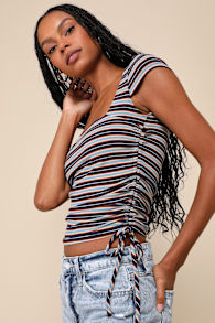 Sweet Intentions Blue Multi Striped Ruched Cap Sleeve Top