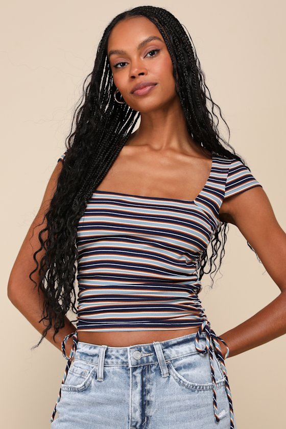 Lulus Sweet Intentions Blue Multi Striped Ruched Cap Sleeve Top In Blue