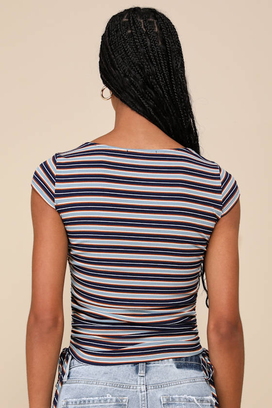 Lulus Sweet Intentions Blue Multi Striped Ruched Cap Sleeve Top In Blue