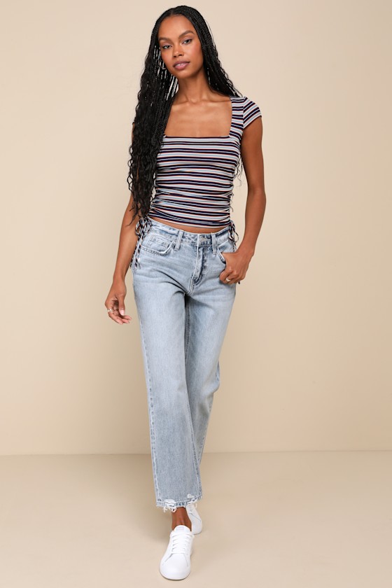 Lulus Sweet Intentions Blue Multi Striped Ruched Cap Sleeve Top In Blue