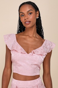 Exemplary Cutie Light Pink Satin Jacquard Ruffled Crop Top 1
