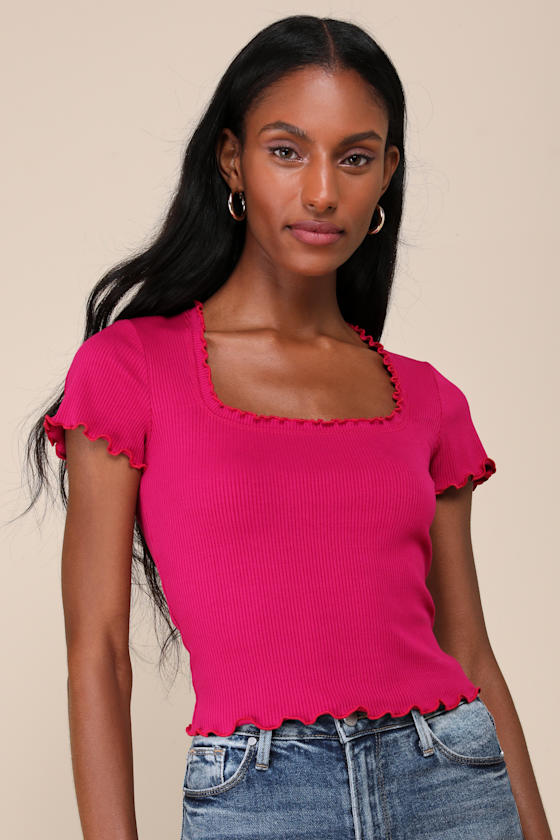 Bold Darling Magenta Ribbed Lettuce Edge Short Sleeve Top 1