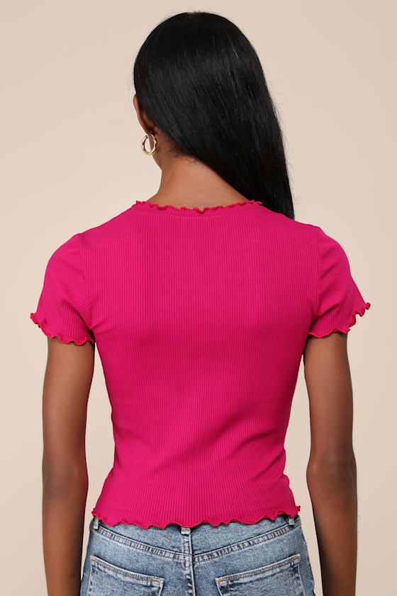 Bold Darling Magenta Ribbed Lettuce Edge Short Sleeve Top 2