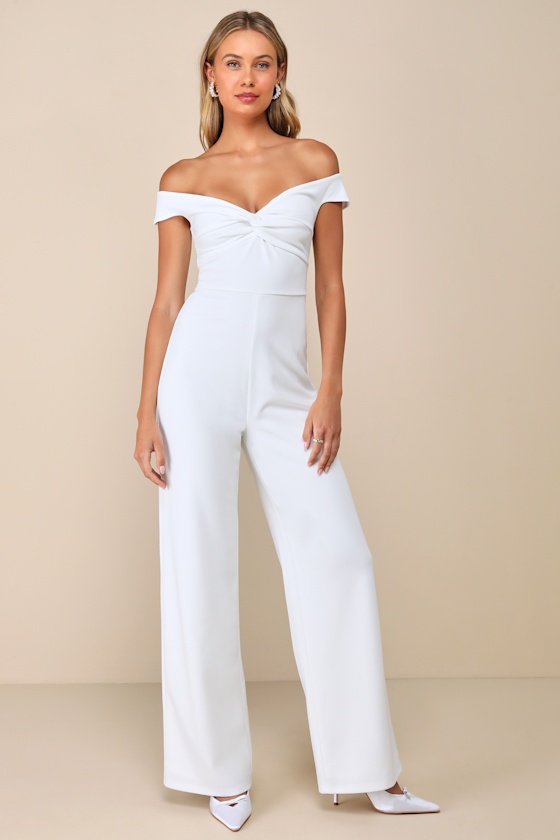 Lulus Stunning Existence White Off-the-shoulder Knot-front Jumpsuit In White