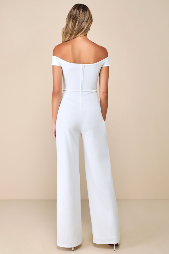 Lulus Stunning Existence White Off-the-shoulder Knot-front Jumpsuit In White