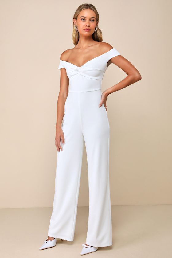 Lulus Stunning Existence White Off-the-shoulder Knot-front Jumpsuit In White