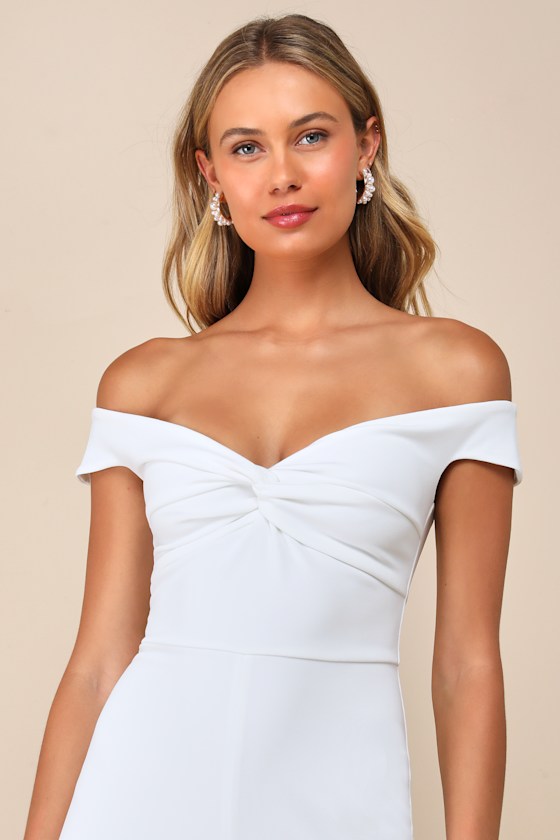Lulus Stunning Existence White Off-the-shoulder Knot-front Jumpsuit In White