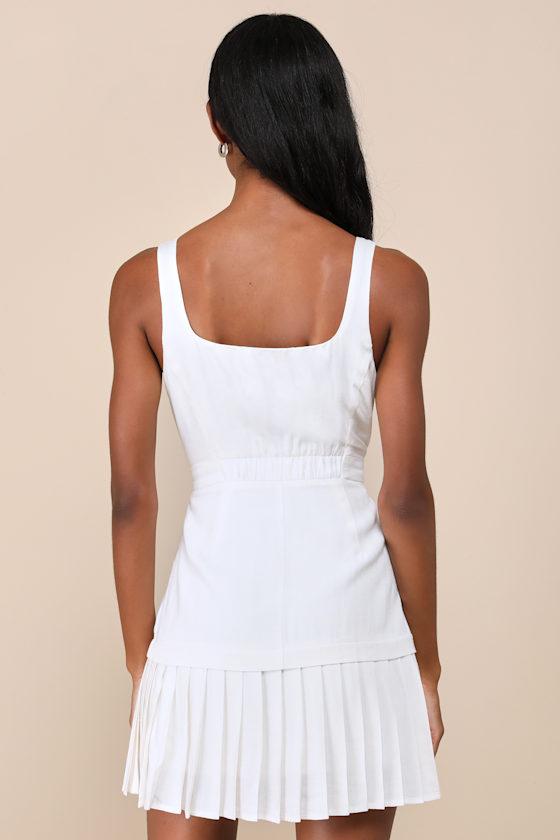 Lulus Poised And Chic White Linen Pleated Mini Dress With Pockets In White