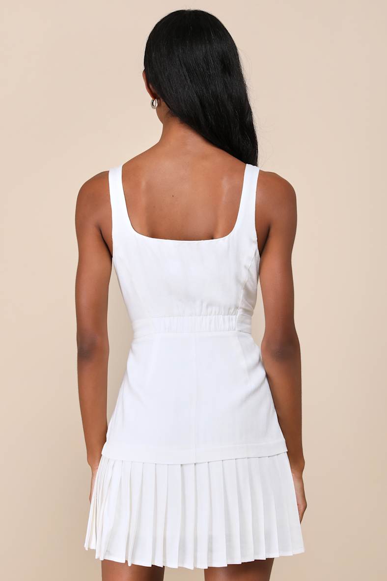 Poised and Chic White Linen Pleated Mini Dress with Pockets