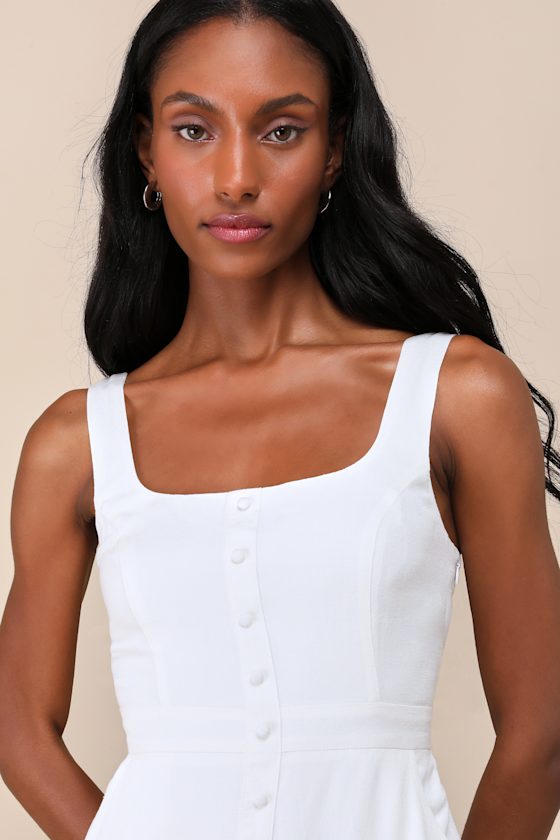 Lulus Poised And Chic White Linen Pleated Mini Dress With Pockets In White