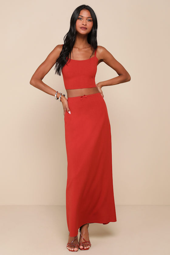 Romance in Rome Terracotta Lace-Up Two-Piece Maxi Dress 2