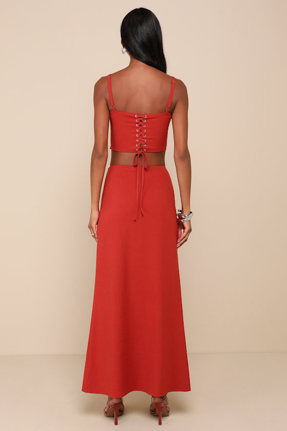 Romance in Rome Terracotta Lace-Up Two-Piece Maxi Dress 3
