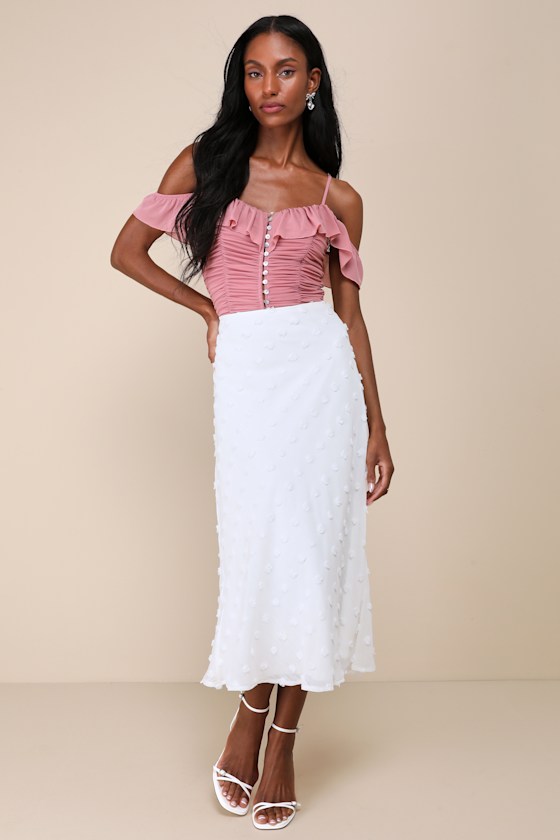 LULUS ELEGANT POSTURE MAUVE PINK MESH RUCHED COLD-SHOULDER BODYSUIT