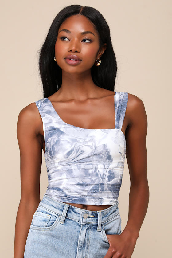 Beautiful Vision Blue and White Abstract Mesh Asymmetrical Top 1