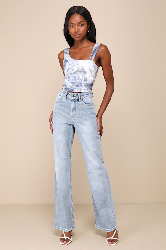 Beautiful Vision Blue and White Abstract Mesh Asymmetrical Top