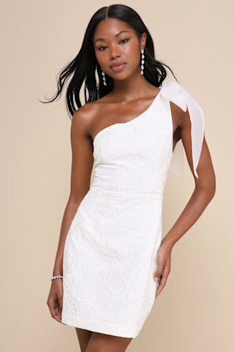Unique Perfection White Floral Jacquard One-Shoulder Mini Dress