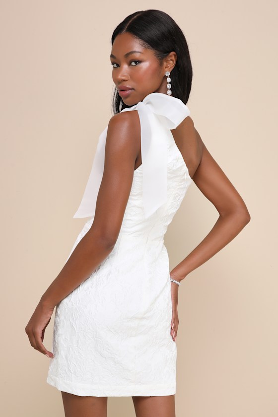 White Mini Dress - Floral Jacquard Dress - One-Shoulder