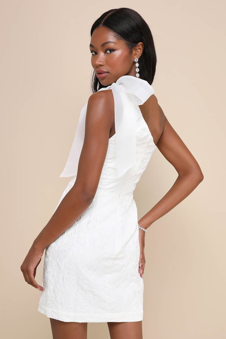 Unique Perfection White Floral Jacquard One-Shoulder Mini Dress