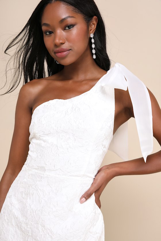 Lulus Unique Perfection White Floral Jacquard One-shoulder Mini Dress In White