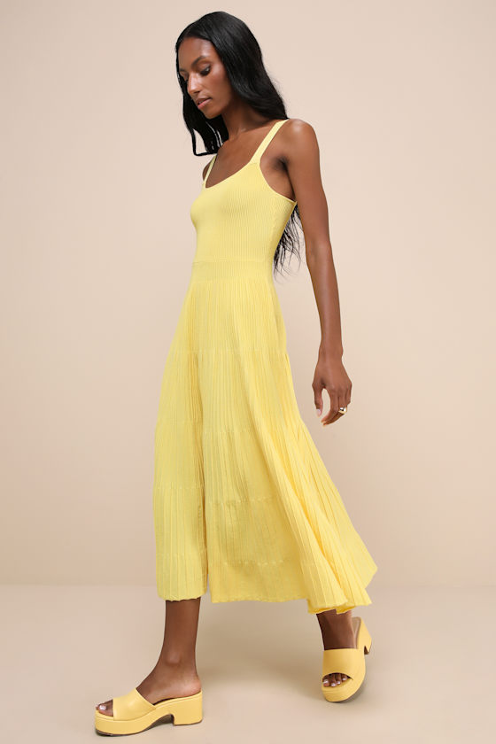 Iconic Ways Yellow Ribbed Sleeveless Tiered Sweater Midi Dress 3