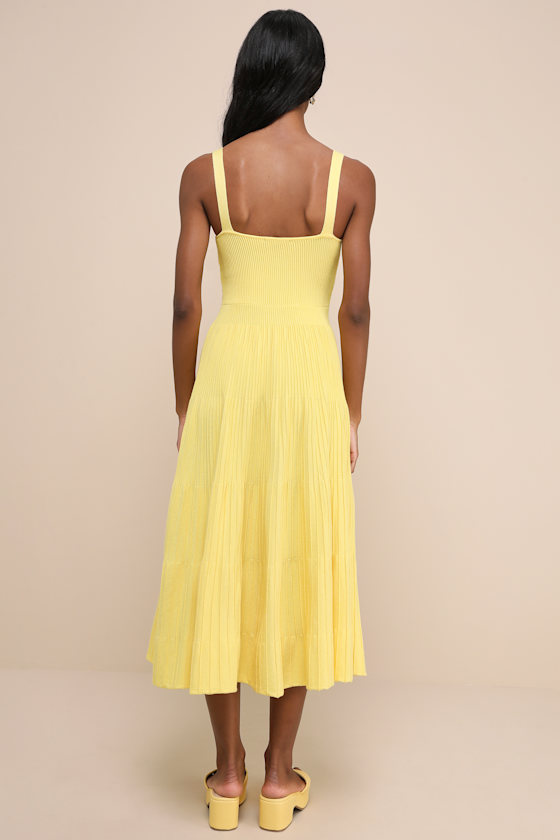 Lulus Iconic Ways Yellow Ribbed Sleeveless Tiered Sweater Midi Dress In Yellow