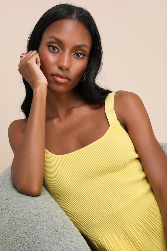 Lulus Iconic Ways Yellow Ribbed Sleeveless Tiered Sweater Midi Dress In Yellow