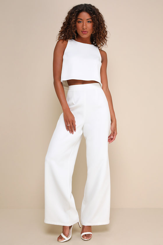 White 2-PC Jumpsuit - Sleeveless Jumpsuit - Wide-Leg