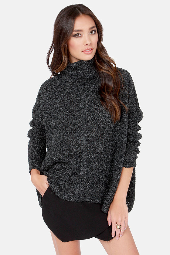Cute Black Sweater - Grey Sweater - Cowl Sweater - Turtleneck Sweater ...