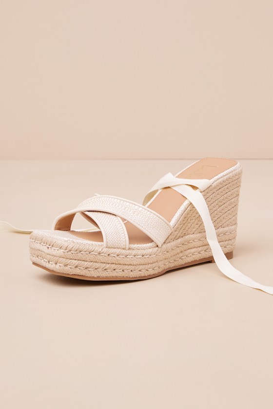 Lulus Robynne Natural Raffia Lace-up Platform Wedges In Beige