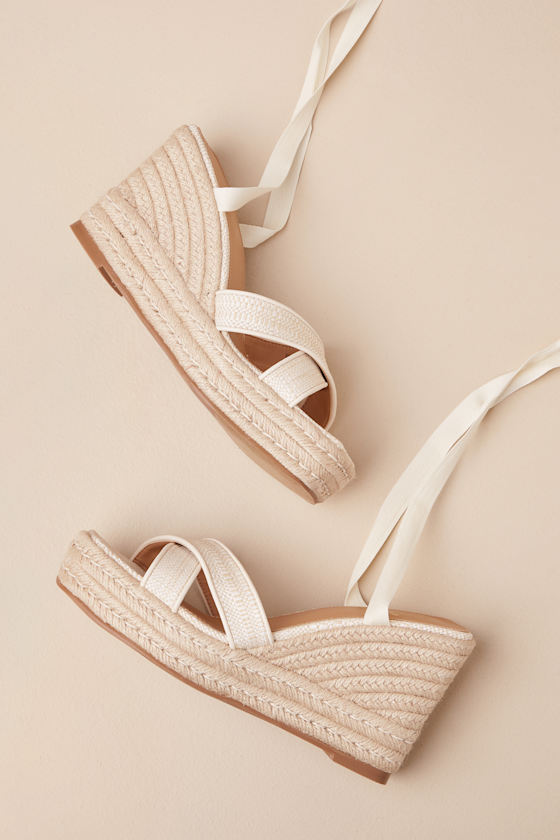 Lulus Robynne Natural Raffia Lace-up Platform Wedges In Beige