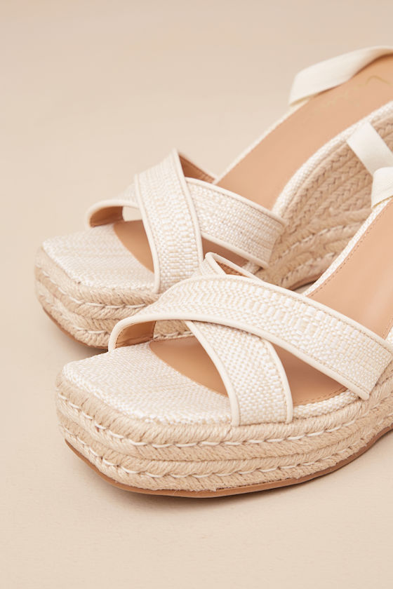 Lulus Robynne Natural Raffia Lace-up Platform Wedges In Beige