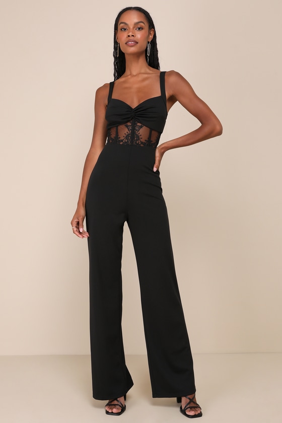 Adore the Feeling Black Sheer Lace Bustier Twist-Front Jumpsuit 1