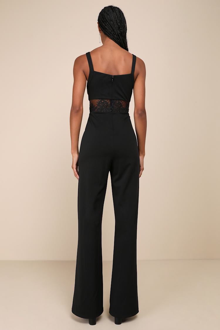 Adore the Feeling Black Sheer Lace Bustier Twist-Front Jumpsuit