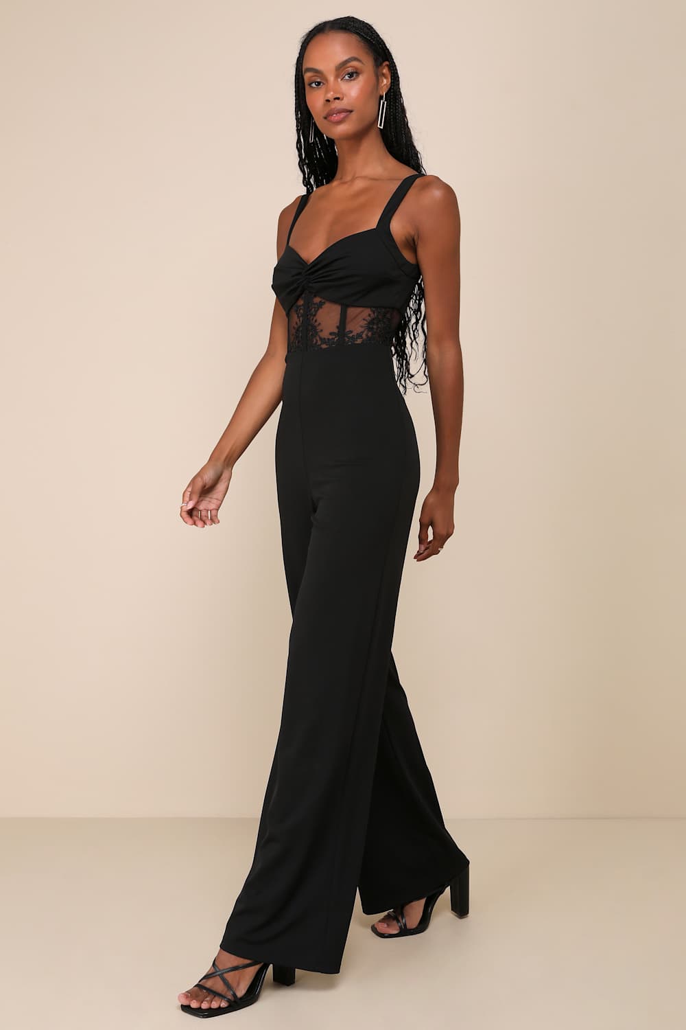 Adore the Feeling Black Sheer Lace Bustier Twist-Front Jumpsuit