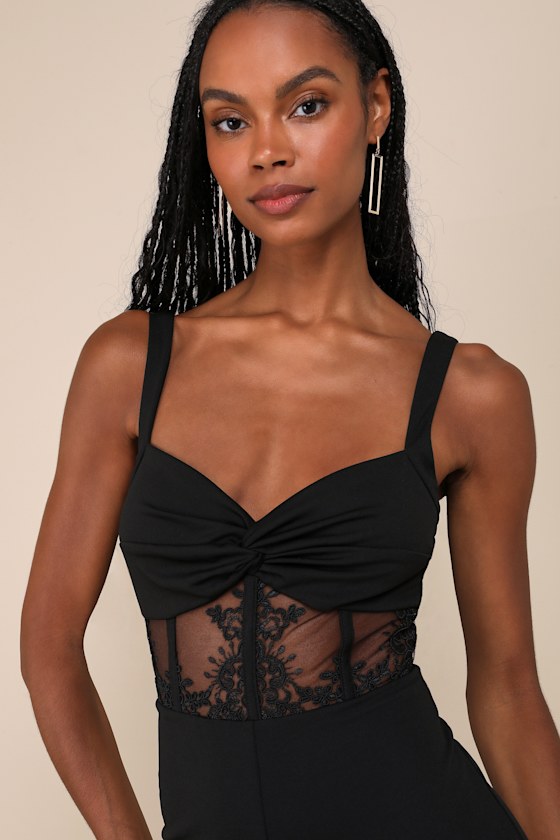 Lulus Adore The Feeling Black Sheer Lace Bustier Twist-front Jumpsuit In Black