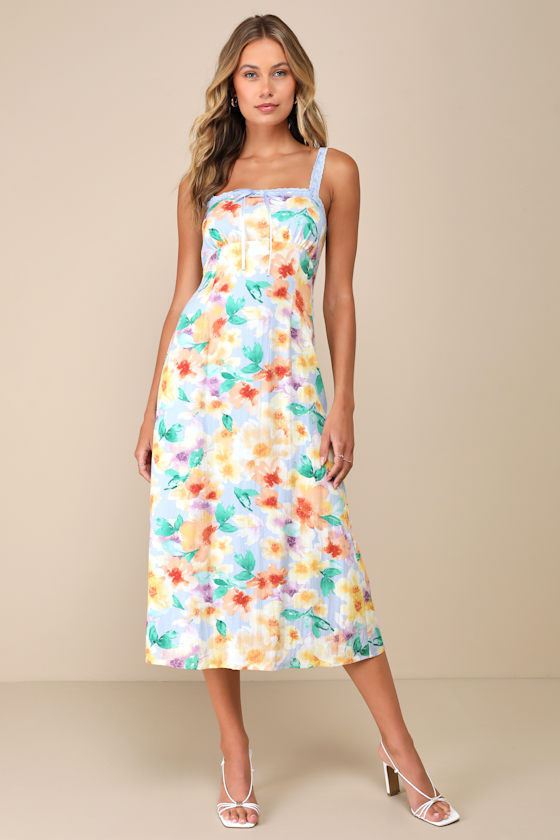 Countryside Bliss Blue Floral Lace Empire Waist Midi Dress 5