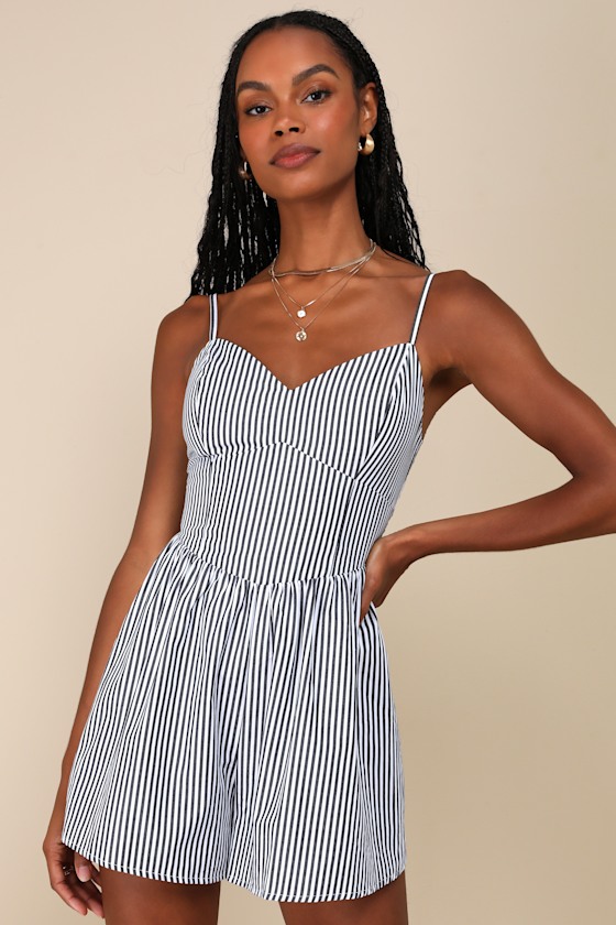 Lulus Iconic Sweetie Ivory Striped Poplin V-neck Sleeveless Romper In Ivory