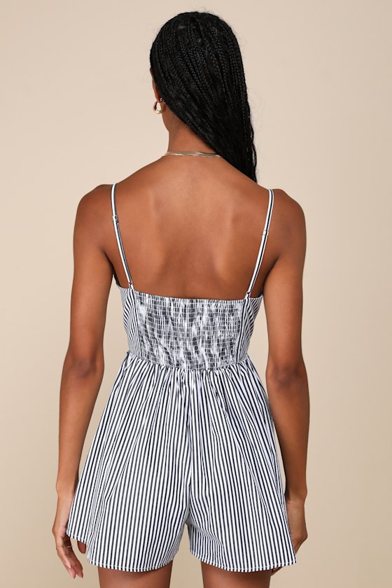 Lulus Iconic Sweetie Ivory Striped Poplin V-neck Sleeveless Romper In Ivory