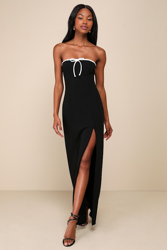 Chicly Endearing Black and White Strapless Column Maxi Dress 3