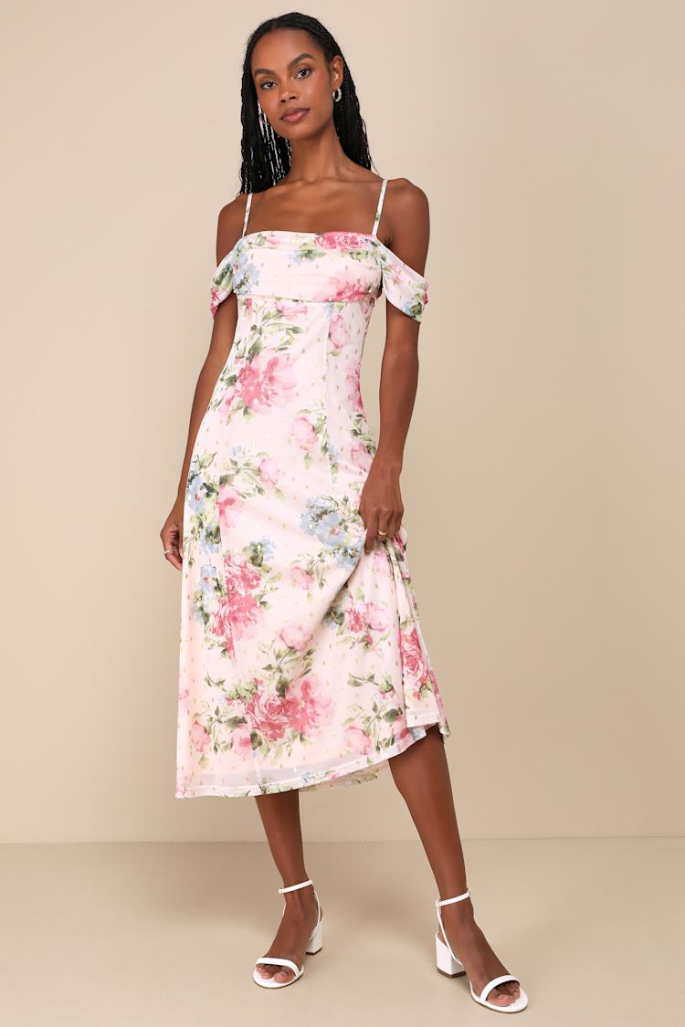 Sure to Adore Blush Pink Floral Mesh Cold-Shoulder Midi Dress