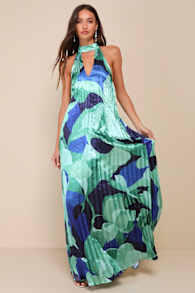 Prime Poise Green and Blue Abstract Satin Halter Maxi Dress 1
