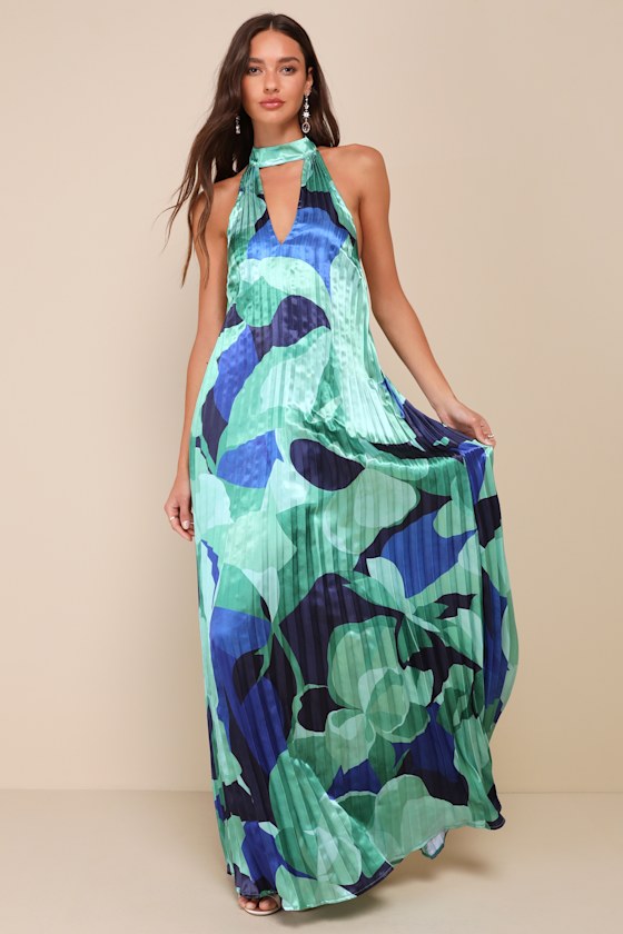 Prime Poise Green and Blue Abstract Satin Halter Maxi Dress 1